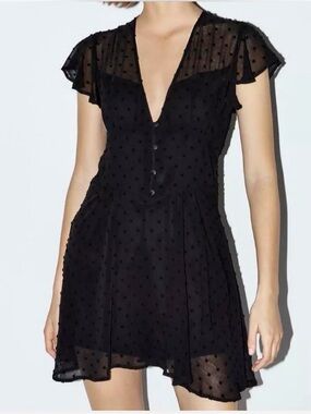 Zara Black Swiss Dot Romper Dress XXL | Sheer Ruffle Sleeves | V-Neck Flowy Mini